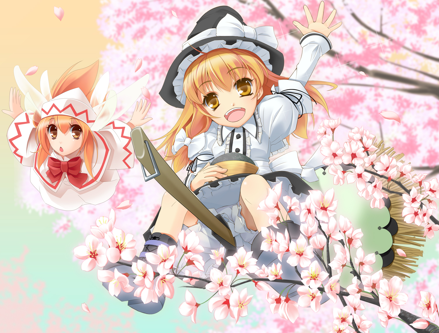 wapokichi, kirisame marisa, lily white, touhou, 2girls, :d, :o, blonde hair, bloomers, bowl, broom, broom riding, cherry blossoms, female focus, flying, hand up, hat, long hair, multiple girls, open mouth, outstretched arm, outstretched arms, short hair, smile, spread arms, spring (season), underwear, waving, wings, witch, witch hat, yellow eyes