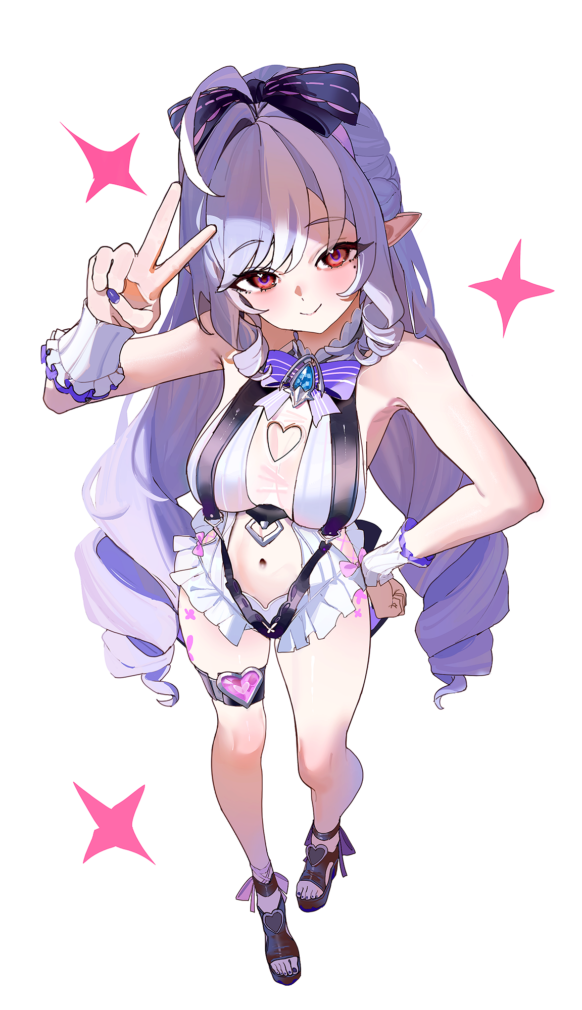 majo (pastamajo), vivian banshee, vivian banshee (iris of the shore), zenless zone zero, highres, 1girl, clothing cutout, drill hair, from above, hand on own hip, heart, heart cutout, heart in eye, long hair, looking at viewer, multicolored hair, navel, official alternate costume, one-piece swimsuit, pointy ears, purple hair, red eyes, sidelocks, simple background, solo, stomach cutout, streaked hair, swimsuit, symbol in eye, v, white background, white hair, white one-piece swimsuit