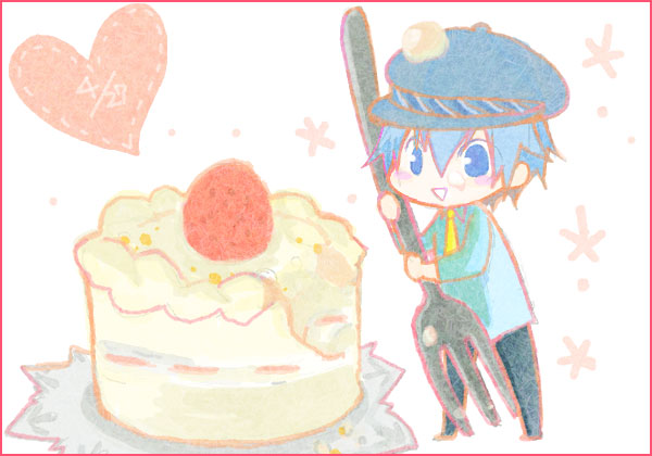 rilim, shirogane naoto, atlus, persona, persona 4, bad id, bad pixiv id, 1girl, androgynous, birthday, black hair, blue eyes, cake, chibi, female focus, food, fork, fruit, hat, mini person, minigirl, necktie, newsboy cap, oversized object, pastry, reverse trap, short hair, solo, strawberry