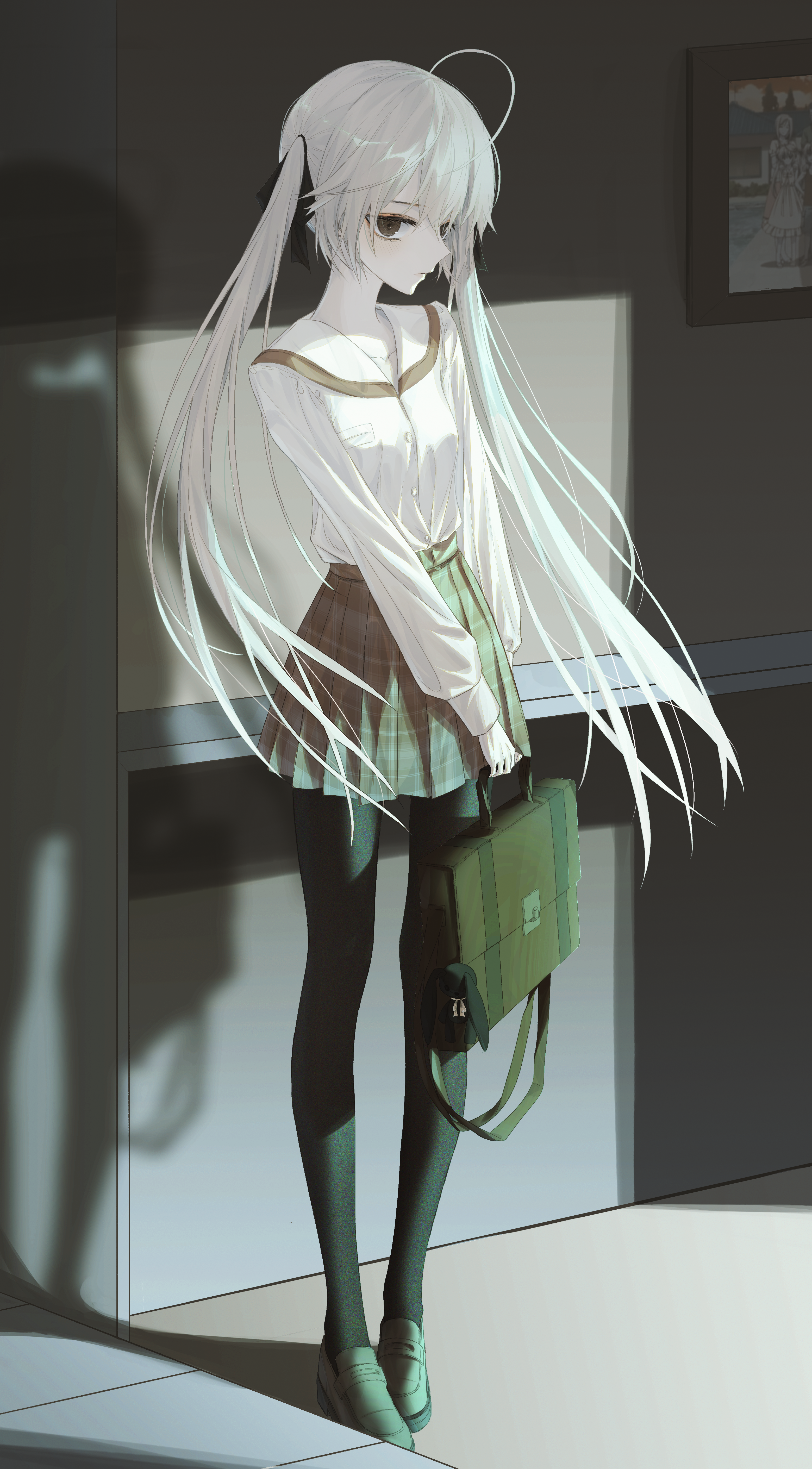 kasugano sora, yosuga no sora, absurdres, highres, 1girl, black eyes, black pantyhose, briefcase, expressionless, full body, loafers, long hair, looking at viewer, pantyhose, school briefcase, school uniform, shadow, shoes, sideways glance, skirt, solo, sorala (artist), twintails, very long hair, white hair