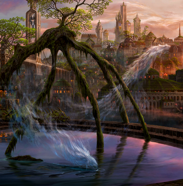 kazumasa uchio, uchio kazumasa, original, bad id, bad pixiv id, city, dragon, no humans, reflection, scenery, tree, water