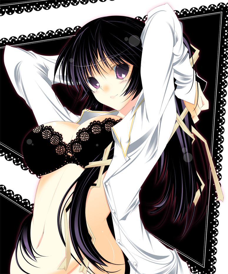 souyoku, kurugaya yuiko, little busters!, bad id, bad pixiv id, 1girl, bra, breasts, cleavage, female focus, hair ribbon, large breasts, lingerie, long hair, navel, open clothes, open shirt, ribbon, shirt, solo, underwear