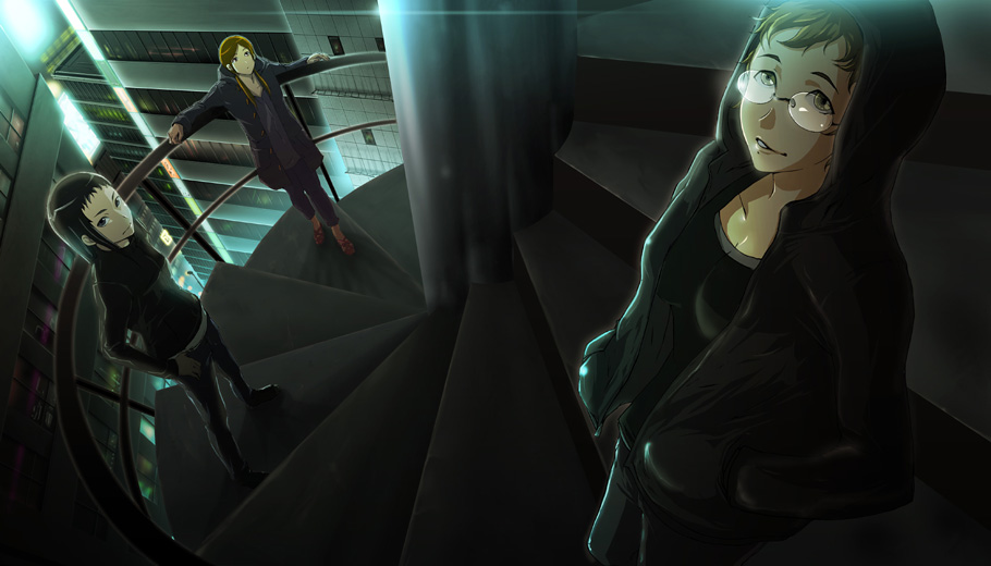 71 (nanaichi drafting), original, bad id, black hair, blonde hair, brown hair, city, from above, glasses, hood, hoodie, long hair, night, solo, stairs