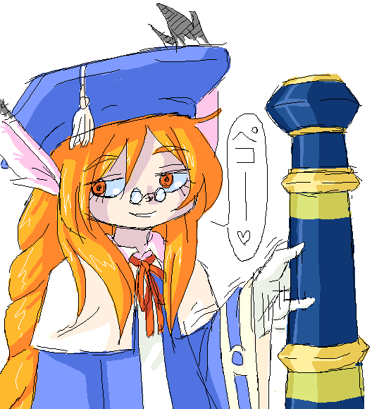 kouotsu, momo (breath of fire), breath of fire, breath of fire iii, bad id, bad pixiv id, animal ears, cannon, glasses, hat, heart, m1 bazooka, naughty face, oekaki, orange hair, rabbit ears, red eyes, red hair, robe, rocket launcher, rubbing, sexually suggestive, solo, weapon
