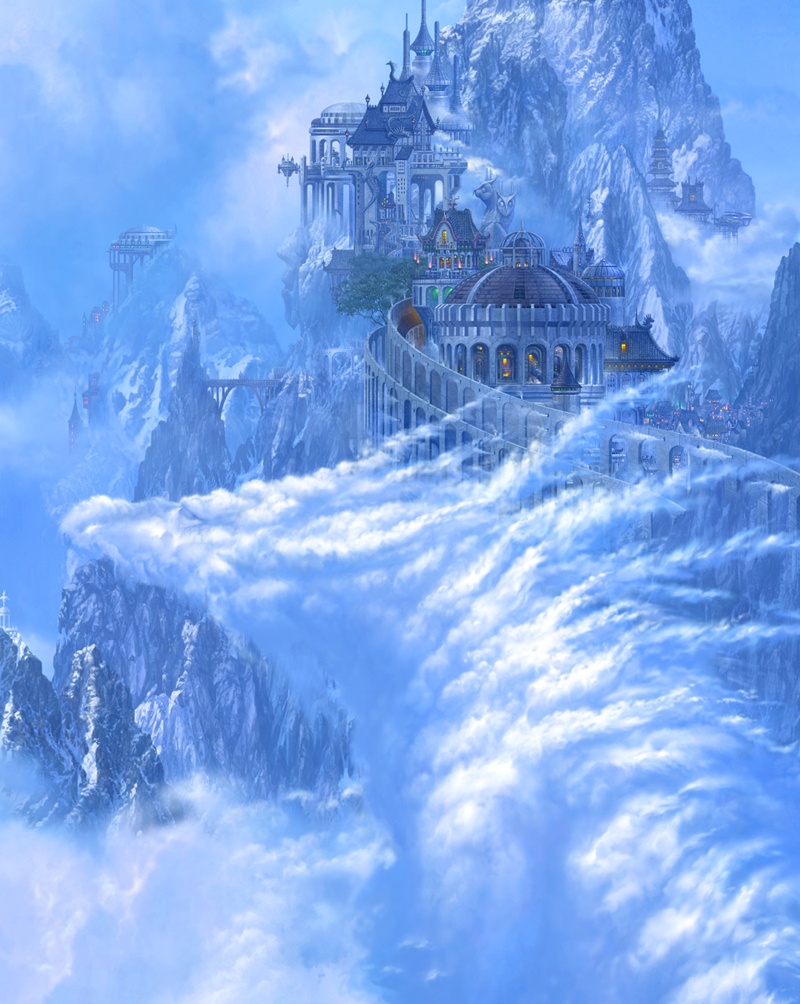 kazumasa uchio, uchio kazumasa, original, blue sky, blue theme, bridge, castle, cloud, day, dragon, mountain, no humans, scenery, sky