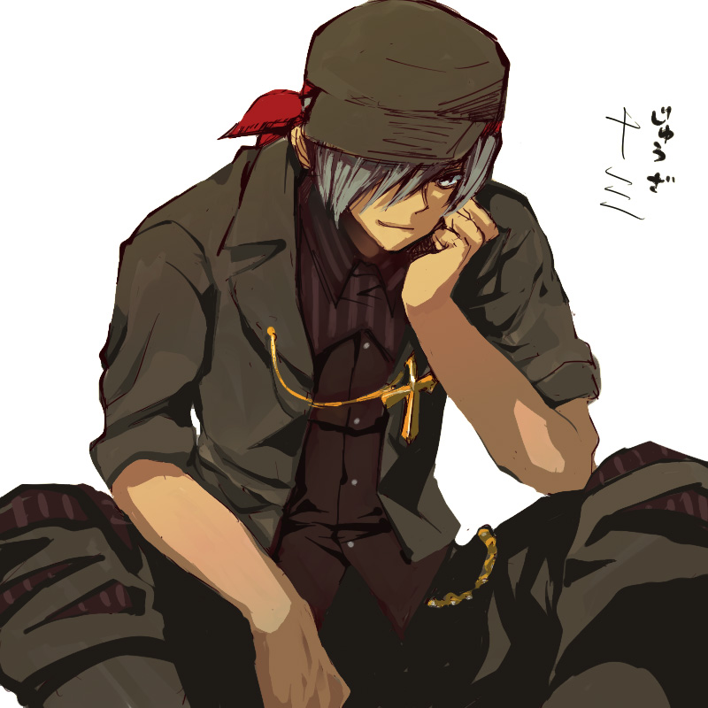 gm, amakusa juuza, umineko no naku koro ni, silver hair, bad id, bad pixiv id, 00s, 1boy, hat, jacket, male focus, solo