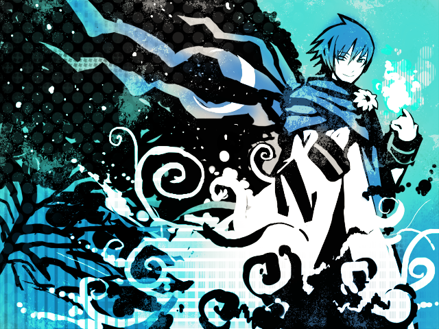 kanmi, kanmi (pixiv69613), kaito (vocaloid), vocaloid, bad id, bad pixiv id, 1boy, blue eyes, blue hair, blue scarf, flower, male focus, matching hair/eyes, scarf, solo