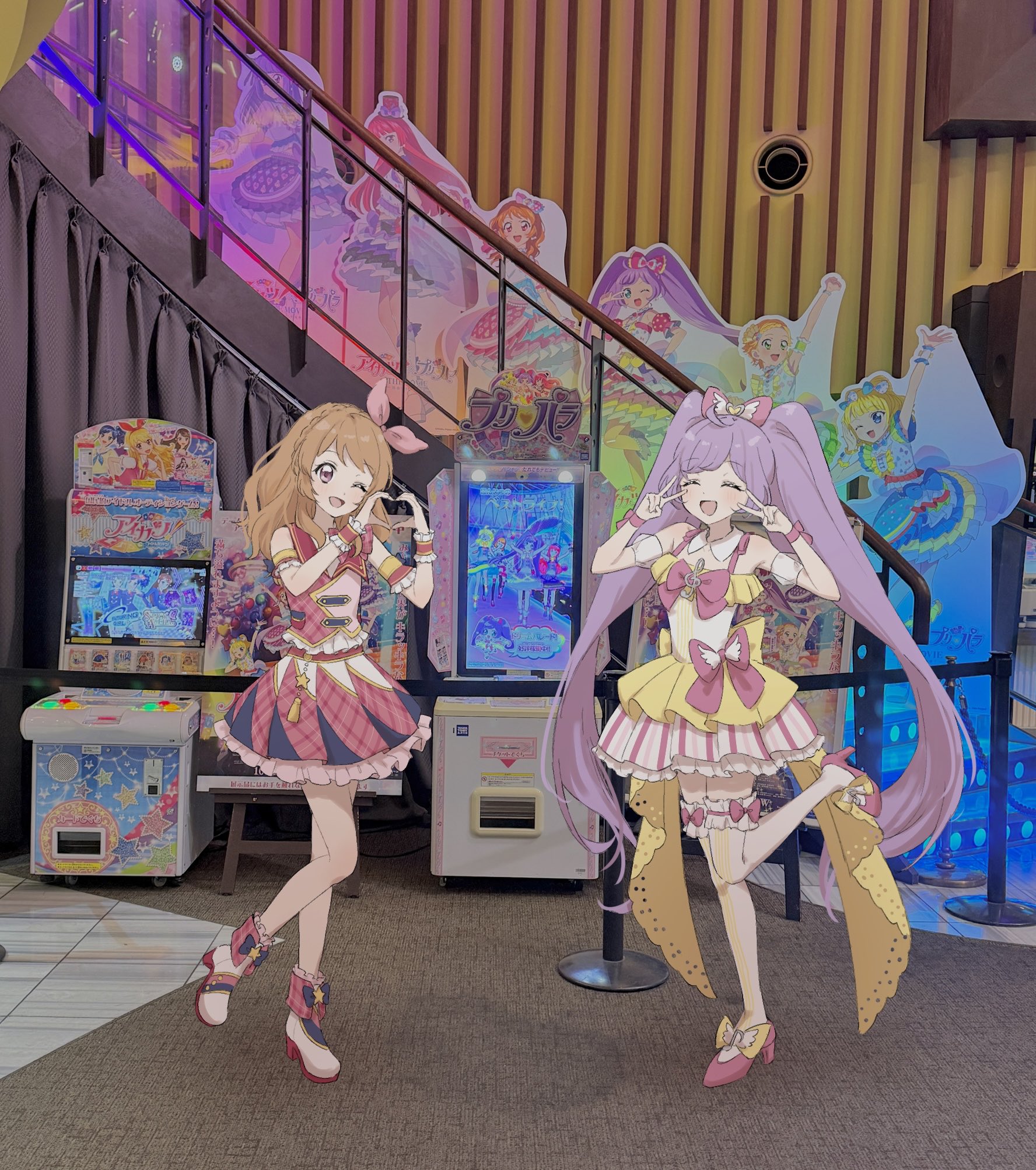 hikami sumire, hojo sophy, manaka laala, minami mirei, ozora akari, shinjo hinaki, aikatsu!, aikatsu! (series), pretty series, pripara, highres, 2girls, :d, ahoge, aikatsu! x pripara the movie -deai no kiseki!-, arcade cabinet, boots, bow, closed eyes, crossover, double v, dress, frilled skirt, frills, full body, genre connection, hair bow, hands up, heart, heart hands, high heel boots, high heels, indoors, long hair, looking at viewer, mossa m, multiple girls, open mouth, orange hair, photo background, pink bow, pink eyes, pink shirt, pink skirt, pleated skirt, purple hair, shirt, short dress, skirt, sleeveless, sleeveless dress, smile, standing, standing on one leg, thighhighs, twintails, v, v over eye, very long hair, white thighhighs, yellow dress