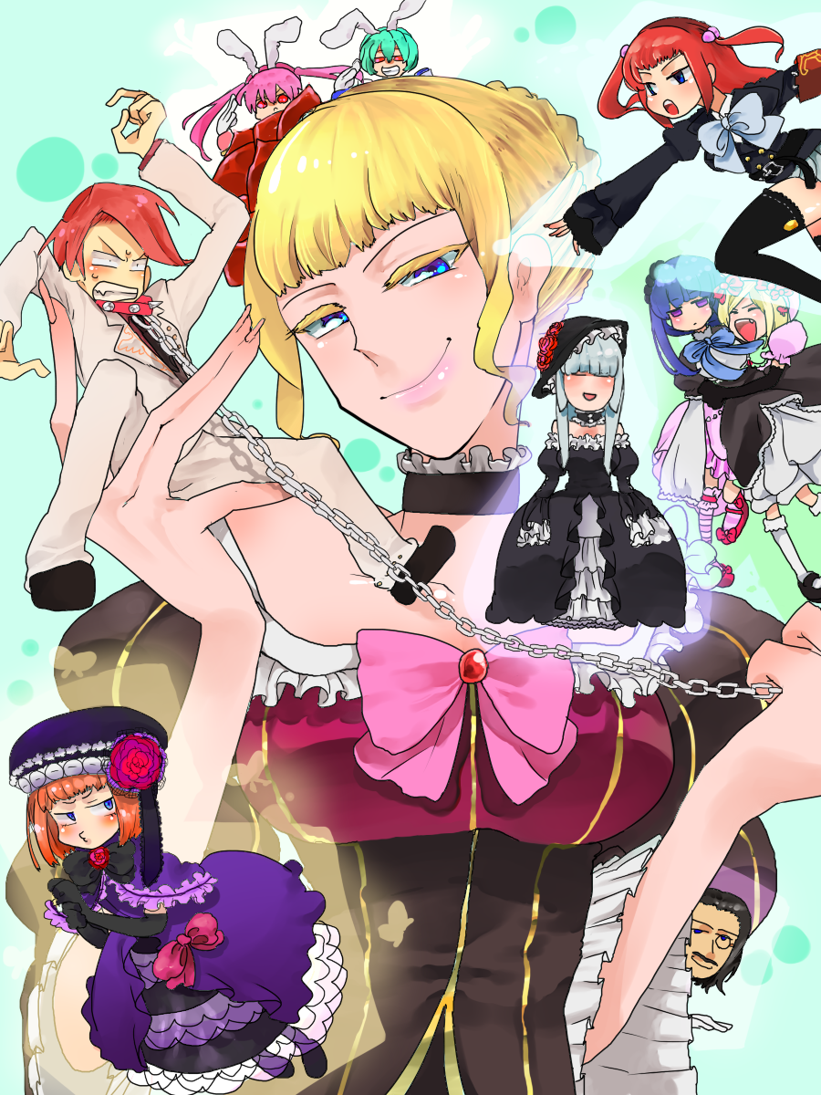 mapi, beatrice (umineko), chiester410, chiester45, chiester sisters, eva beatrice, frederica bernkastel, lambdadelta, ronove (umineko), ushiromiya ange, ushiromiya battler, virgilia (umineko), umineko no naku koro ni, silver hair, bad id, bad pixiv id, highres, 00s, 2boys, 6+girls, animal ears, armband, black hair, blonde hair, blue eyes, blue hair, blush, bow, breasts, bug, butterfly, chain, choker, closed eyes, collar, dress, elbow gloves, everyone, facial hair, femdom, flower, frills, giant, giantess, gloves, hair bobbles, hair ornament, hat, holding legs, insect, jacket, long hair, mini person, miniboy, minigirl, monocle, multiple boys, multiple girls, mustache, orange hair, pink bow, pink dress, pink hair, purple eyes, rabbit ears, red eyes, red hair, ribbon, rose, sash, short hair, smile, thighhighs, twintails, zettai ryouiki
