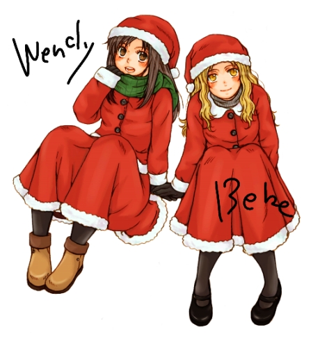 kaya (lucky stiff), bebe stevens, wendy testaburger, south park, lowres, 2girls, animification, black hair, blonde hair, brown eyes, character name, child, christmas, hat, holding hands, long hair, multiple girls, pantyhose, santa costume, scarf, simple background, white background, yellow eyes