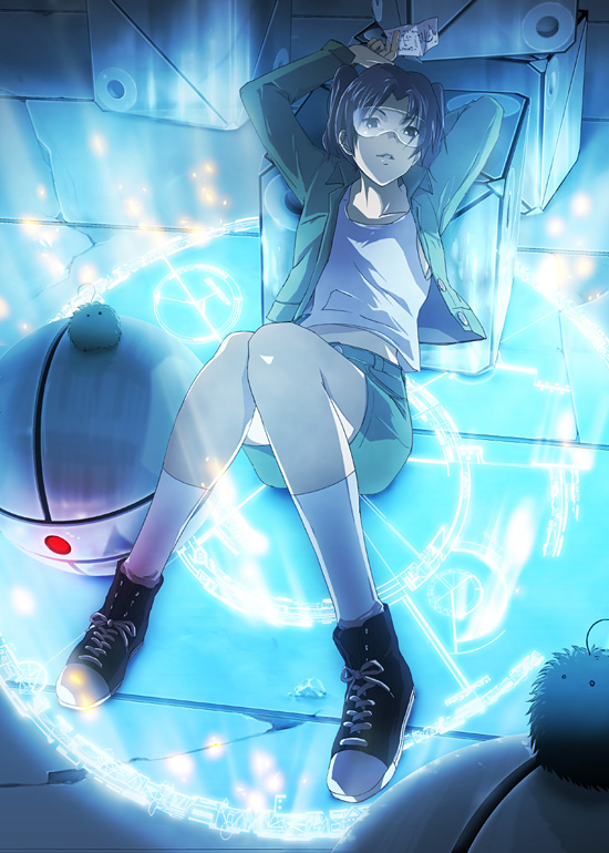 71 (nanaichi drafting), amasawa yuuko, kyuu-chan (dennou coil), mojo (dennou coil), searchmaton 2.0 (dennou coil), dennou coil, bad id, bad pixiv id, 00s, 1girl, arms up, black hair, boots, box, brown eyes, brown hair, coat, female focus, from above, full body, glasses, goggles, jacket, lying, magic circle, midriff, pencil skirt, robot, short hair, shorts, skirt, socks, solo, stretching, tank top, twintails