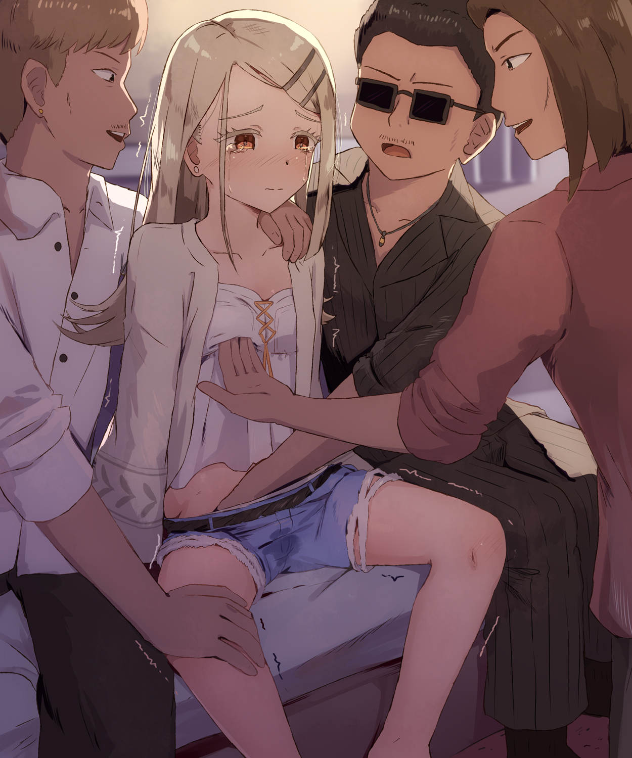 seneto, shinosawa hiro, gakuen idolmaster, idolmaster, highres, 1girl, 3boys, breasts, hair ornament, hairclip, hand under clothes, hetero, multiple boys, shorts, sitting, small breasts, sunglasses, trembling