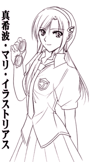 shizuki michiru, makinami mari illustrious, evangelion: 2.0 you can (not) advance, neon genesis evangelion, rebuild of evangelion, 00s, 1girl, blazer, female focus, glasses, hair ornament, hairband, jacket, long hair, monochrome, necktie, pleated skirt, ponytail, school uniform, sidelocks, simple background, sketch, skirt, smile, solo, standing