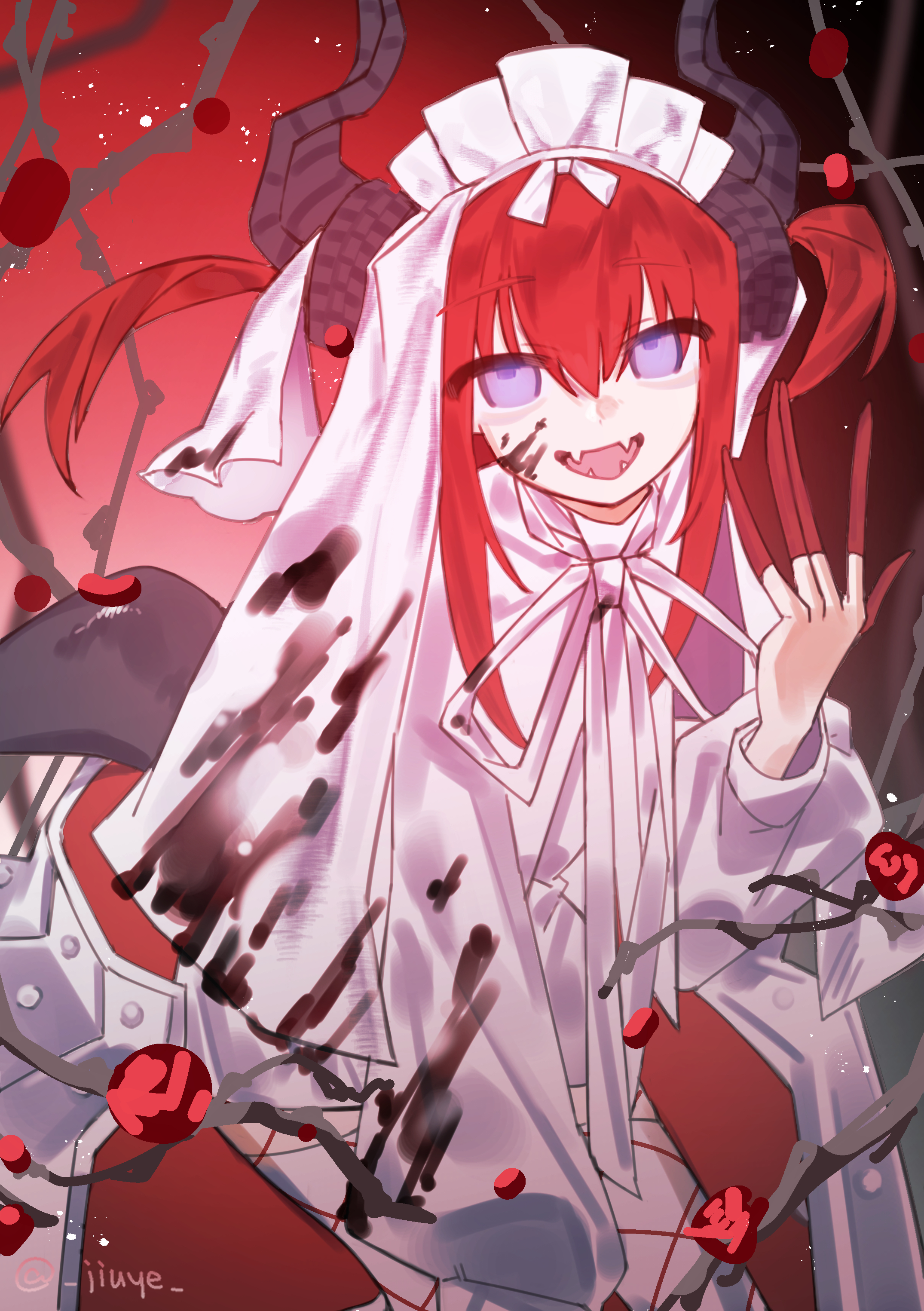 596255094, fate/grand order, fate (series), absurdres, highres, 1girl, blood, blood on clothes, blue eyes, colored extremities, dragon girl, dragon horns, dragon tail, dress, elizabeth bathory (avenger) (fate), fangs, feet out of frame, fishnets, horns, lolita fashion, long hair, looking at viewer, open mouth, red background, red hair, smile, solo, tail, thighhighs, two side up, veil, white dress, white headdress, white thighhighs, white veil
