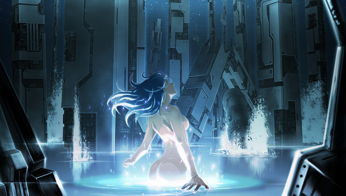 71 (nanaichi drafting), original, bad id, 1girl, ass, blue hair, breasts, broken, building, closed eyes, female focus, from behind, long hair, nude, science fiction, solo, splashing, wading, water, wet