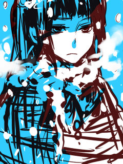 amekomi, ushiromiya ange, umineko no naku koro ni, bad id, bad pixiv id, lowres, 00s, 1girl, blue theme, breath, coat, expressionless, female focus, fur trim, monochrome, qvga, solo, upper body