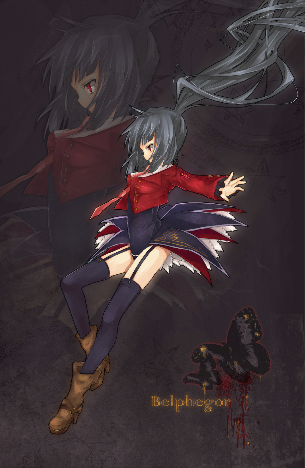 heca, belphegor (umineko), umineko no naku koro ni, uniform, bad id, bad pixiv id, highres, 00s, black hair, boots, frills, jacket, long hair, necktie, ponytail, red eyes, solo, thighhighs