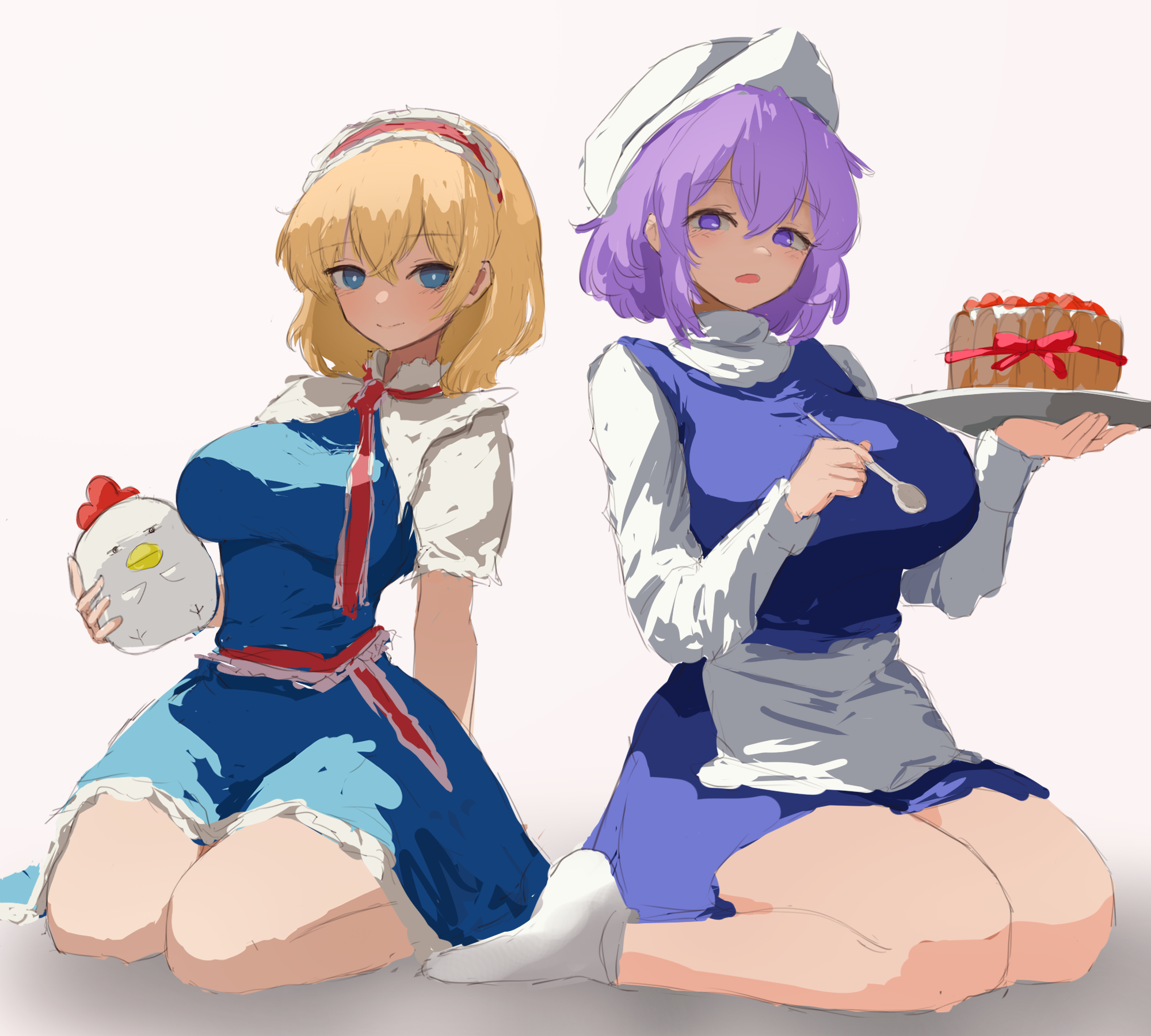 moriforest1040, alice margatroid, letty whiterock, touhou, commentary, highres, 2girls, :o, apron, bare legs, bird, blonde hair, blue dress, breasts, bright pupils, cake, capelet, chicken, dated commentary, dress, food, hair between eyes, hat, holding, holding spoon, huge breasts, kneeling, large breasts, looking at viewer, multiple girls, pinafore dress, purple hair, shirt, short hair, simple background, sleeveless, sleeveless dress, smile, socks, spoon, thick thighs, thighs, white apron, white capelet, white hat, white pupils, white shirt, white socks
