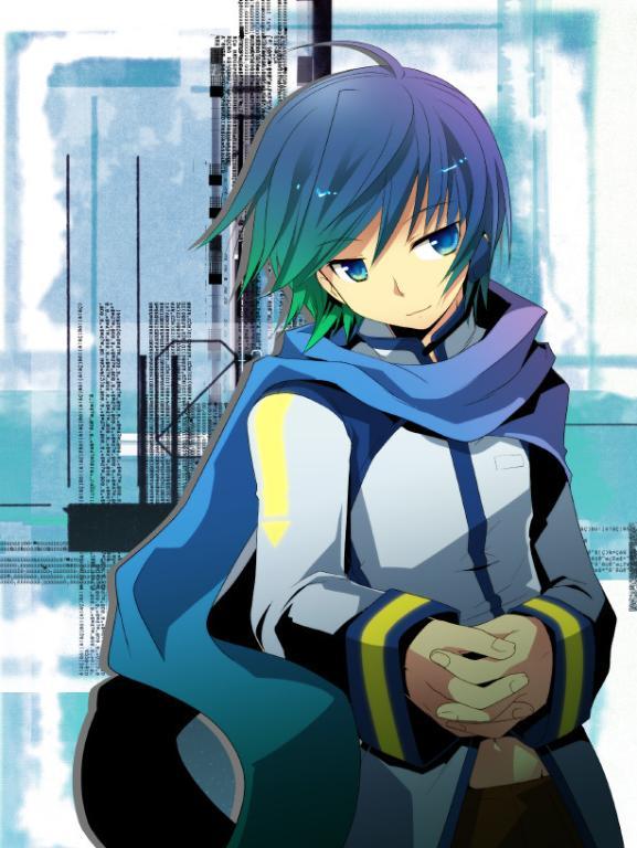 kamiyoshi rika, kaito (vocaloid), vocaloid, jpeg artifacts, 1boy, blue scarf, child, male focus, multicolored eyes, multicolored hair, navel, scarf, solo