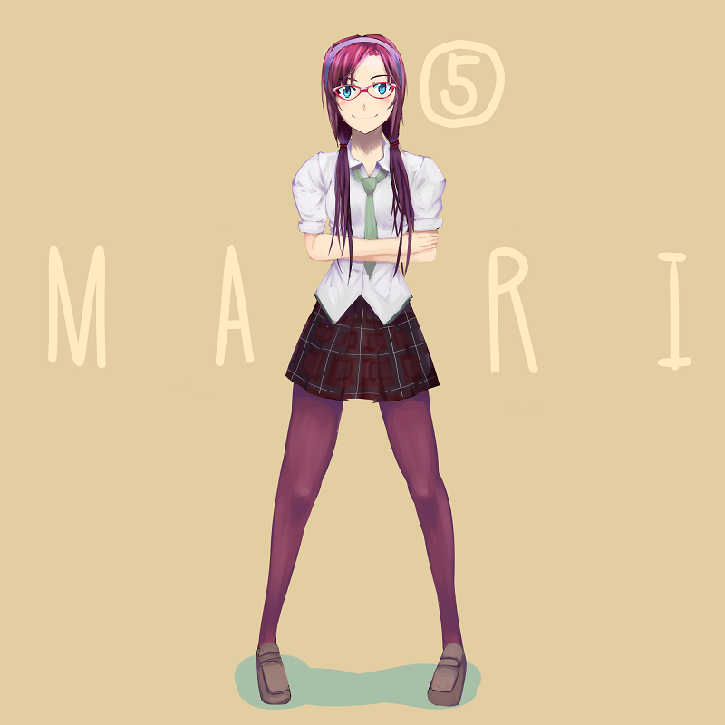 makinami mari illustrious, neon genesis evangelion, rebuild of evangelion, 00s, 1girl, blue eyes, crossed arms, dress shirt, female focus, full body, glasses, hair ornament, hairband, long hair, miniskirt, multicolored hair, necktie, pantyhose, plaid clothes, plaid skirt, purple hair, red hair, school uniform, shirt, shoes, simple background, skirt, smile, solo, standing, twintails, two-tone hair