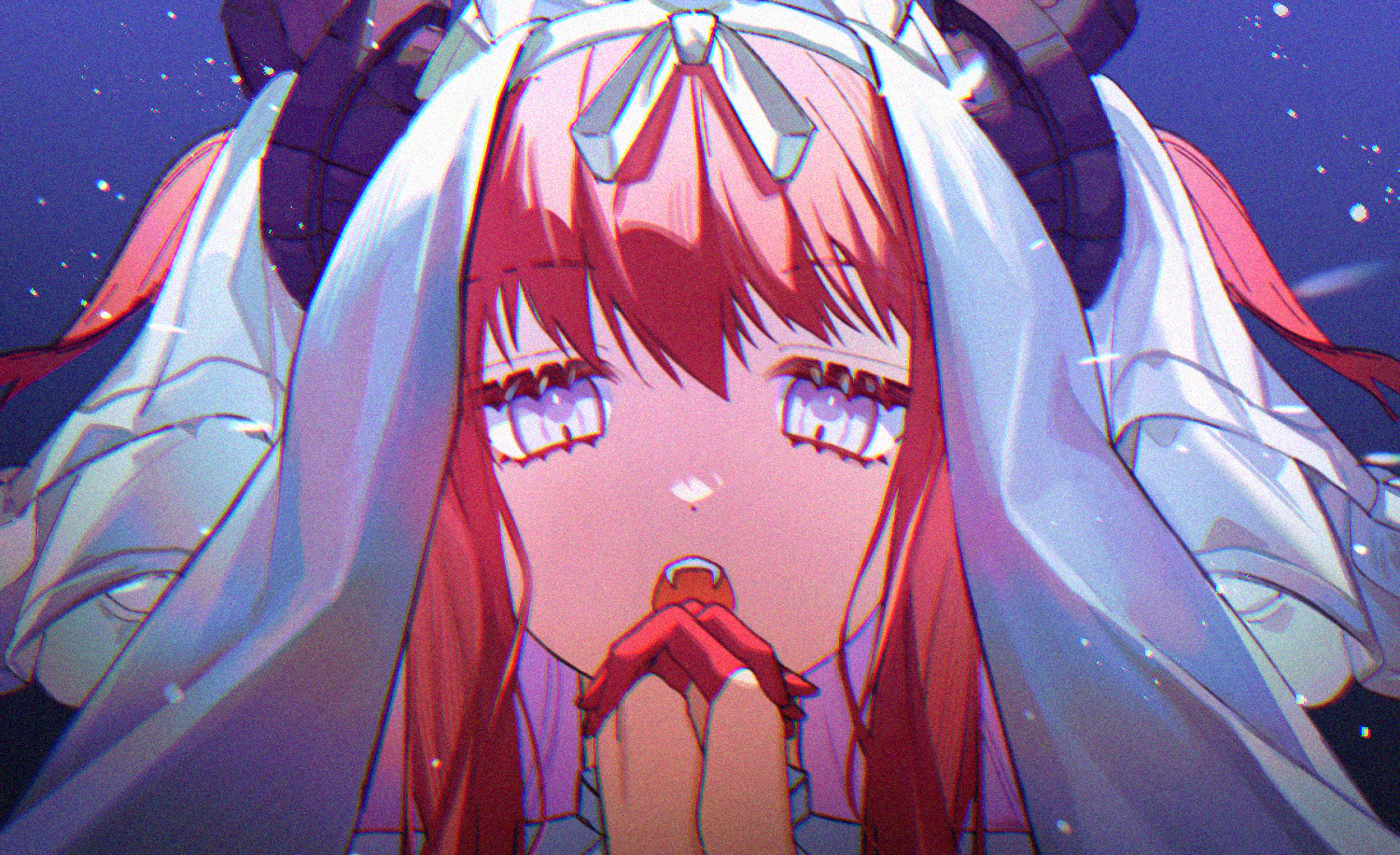 sattari, fate/grand order, fate (series), 1girl, blue background, blue eyes, close-up, colored extremities, dragon girl, dragon horns, elizabeth bathory (avenger) (fate), fangs, horns, interlocked fingers, long hair, looking at viewer, open mouth, own hands together, praying, red hair, solo, two side up, veil, white headdress, white veil