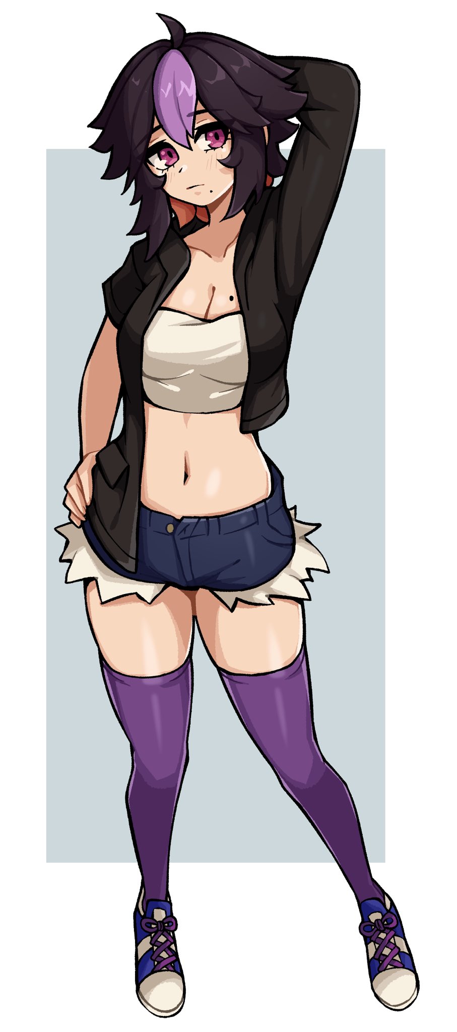 oninuer, original, commentary, commission, english commentary, highres, 1girl, arm behind head, arm up, black jacket, blue shoes, blue shorts, breasts, cleavage, closed mouth, double-parted bangs, full body, jacket, looking at viewer, medium breasts, midriff, mole, mole on breast, mole under mouth, navel, open clothes, open jacket, purple eyes, purple hair, purple thighhighs, shoes, short hair, short shorts, shorts, simple background, solo, strapless, thighhighs, tube top, white tube top