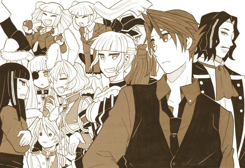 tiihatanono, asmodeus (umineko), beatrice (umineko), beelzebub (umineko), chiester00, chiester410, chiester45, chiester sisters, lucifer (umineko), ronove (umineko), stakes of purgatory, ushiromiya ange, ushiromiya battler, umineko no naku koro ni, bad id, bad pixiv id, 00s, 2boys, 6+girls, animal ears, apple, closed eyes, dress, eyepatch, facial hair, food, frills, fruit, hair bobbles, hair ornament, jacket, long hair, monocle, multiple boys, multiple girls, mustache, necktie, rabbit ears, short hair, smile, twintails, vest