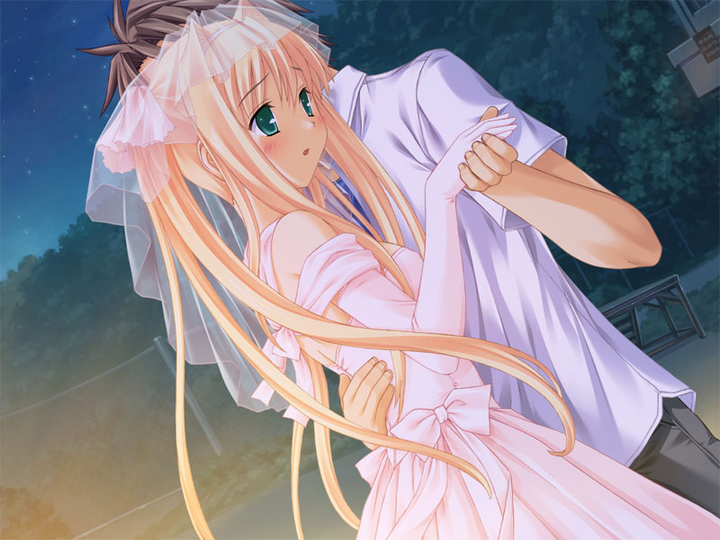 konnyaku, nekonyan, hayama umi, kono aozora ni yakusoku wo, game cg, 00s, 1boy, 1girl, blonde hair, blush, dancing, dress, dutch angle, elbow gloves, gloves, green eyes, hetero, holding hands, hug, long hair, nature, night, solo focus, wedding dress