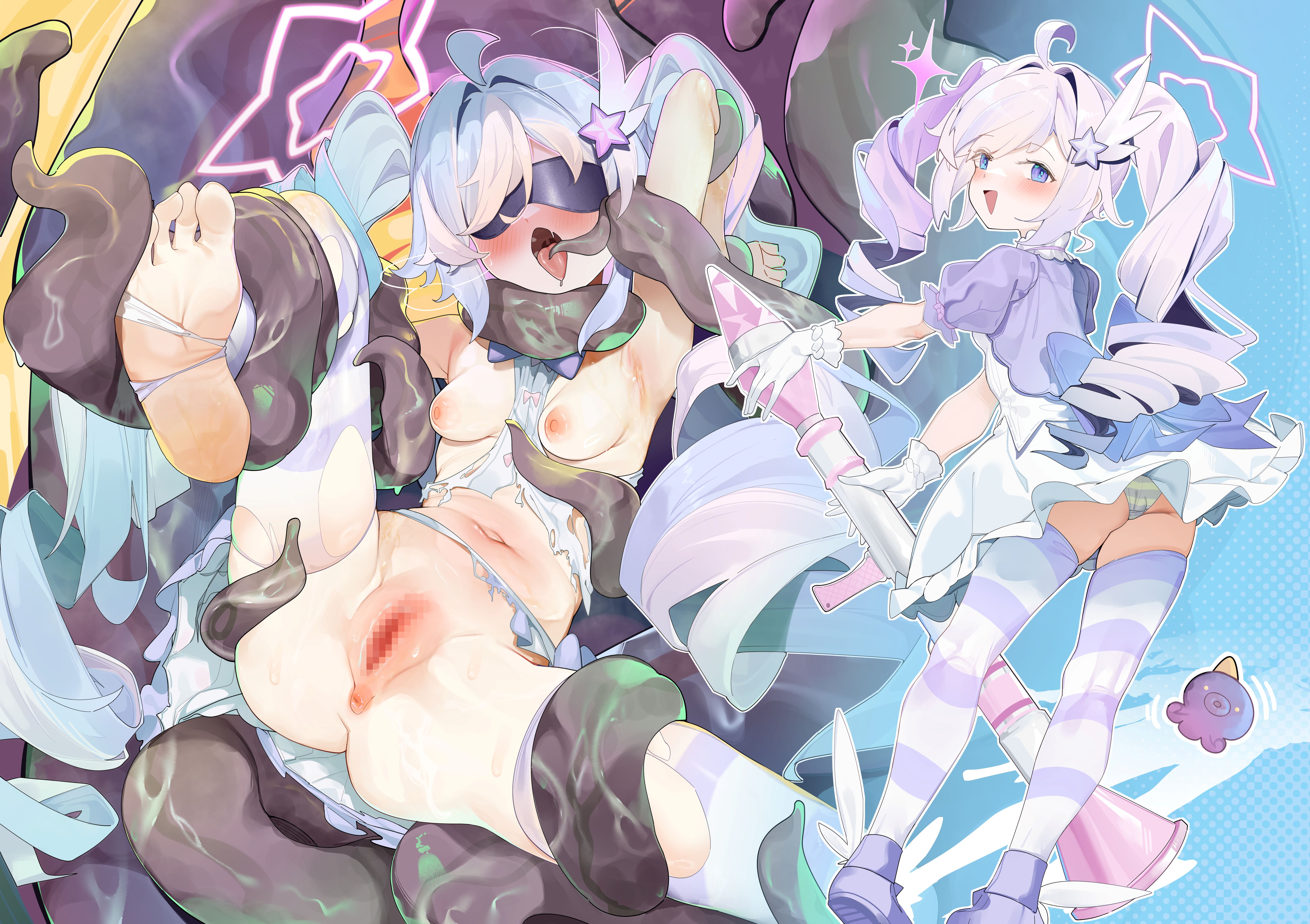 qwertame, reisa (blue archive), reisa (magical) (blue archive), blue archive, absurdres, commentary request, highres, large variant set, paid reward available, variant set, 1girl, ahoge, blindfold, blush, breasts, censored, hair ornament, halo, long hair, mosaic censoring, nipples, open mouth, panties, small breasts, soles, star (symbol), star hair ornament, striped clothes, tentacles, thighhighs, torn clothes, twintails, underwear