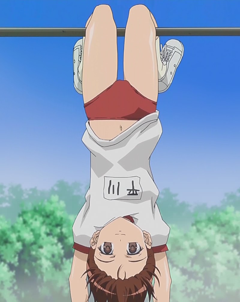 hirakawa natsumi, kyou no go no ni, anime screenshot, 00s, 1girl, brown eyes, brown hair, buruma, female focus, gym uniform, hanging, horizontal bar, name tag, navel, solo, upside-down
