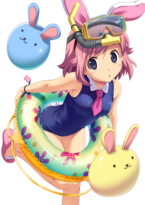 koutaro, urara (koutaro), original, 1girl, animal ears, blue eyes, diving mask, diving mask on head, female focus, goggles, goggles on head, innertube, necktie, one-piece swimsuit, pink hair, playboy bunny swimsuit, rabbit ears, rabbit girl, rabbit tail, sandals, school swimsuit, short hair, snorkel, solo, swim ring, swimsuit, tail