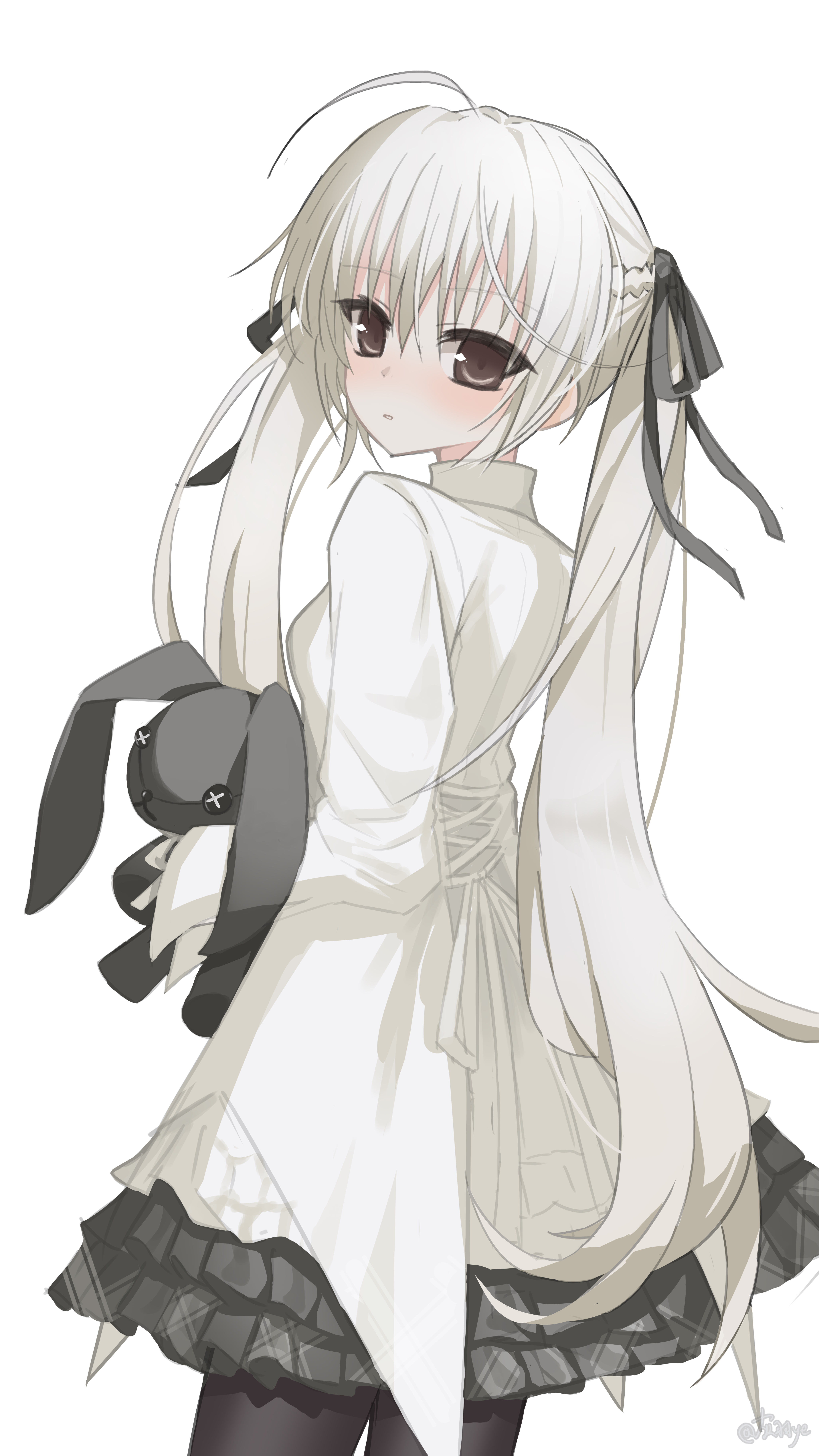 hui yu yu yu ye, kasugano sora, yosuga no sora, absurdres, highres, 1girl, ahoge, black eyes, black pantyhose, blush, dress, long hair, looking at viewer, looking back, pantyhose, simple background, solo, stuffed animal, stuffed rabbit, stuffed toy, twintails, very long hair, white background, white hair