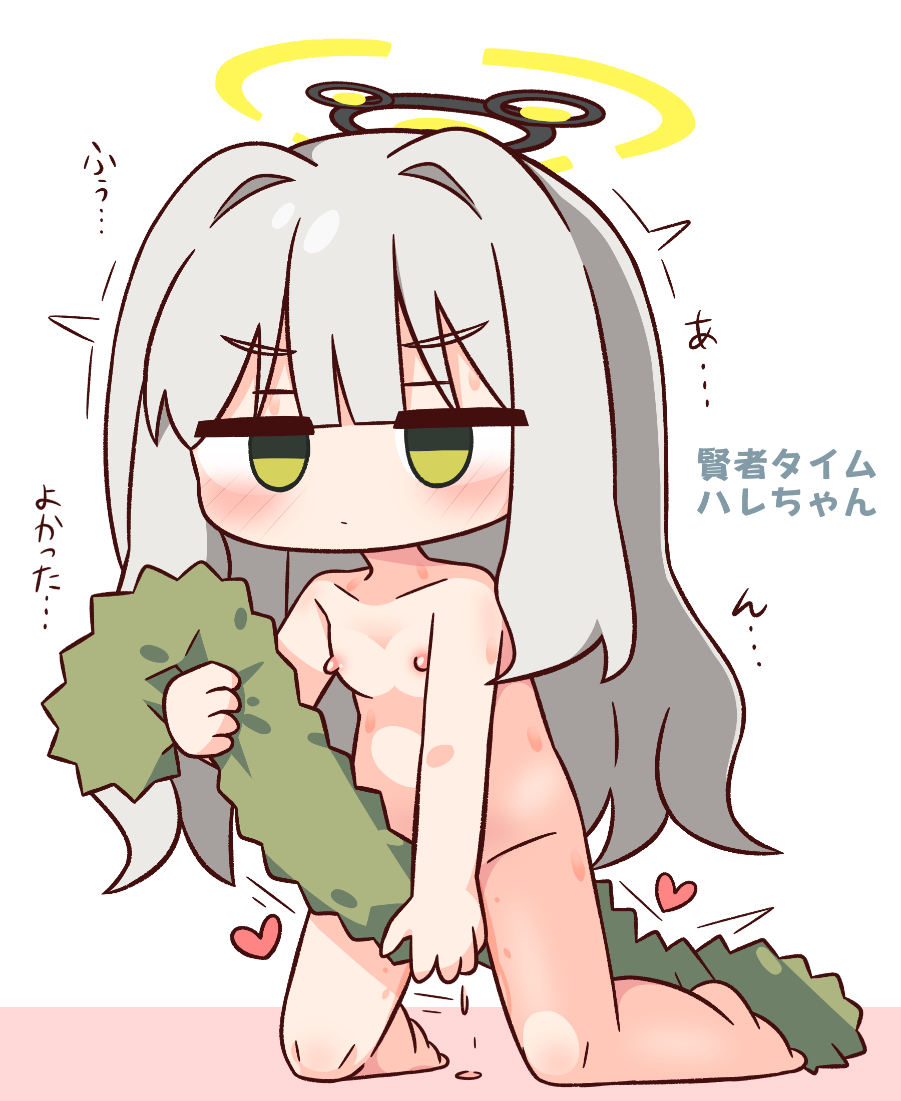 hana kazari, hare (blue archive), blue archive, commentary request, highres, translation request, 1girl, blunt bangs, blush, closed mouth, collarbone, completely nude, female masturbation, full body, green eyes, grey hair, halo, heart, jitome, kneeling, long hair, masturbation, nipples, nude, pussy juice, simple background, solo, trembling, white background, yellow halo