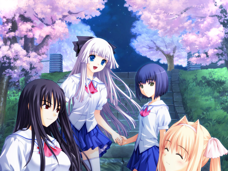 konnyaku, nekonyan, asakura naoko, fujimura shizu, hayama umi, kujou miyaho, kono aozora ni yakusoku wo, game cg, 00s, 4girls, blue eyes, blunt bangs, cherry blossoms, closed eyes, everyone, green eyes, hair ornament, hair ribbon, hairband, happy, hime cut, holding hands, laughing, miniskirt, multiple girls, night, outdoors, pleated skirt, red eyes, ribbon, school uniform, serafuku, sidelocks, skirt, smile, standing, star (symbol), thighhighs, tree, white thighhighs, zettai ryouiki
