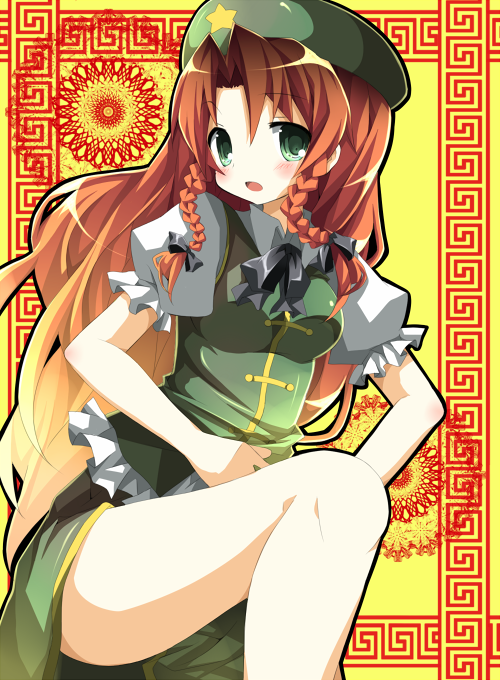 chiruku, hong meiling, embodiment of scarlet devil, touhou, bad id, bad pixiv id, 1girl, braid, breasts, china dress, chinese clothes, dress, female focus, green eyes, hat, long hair, solo, twin braids, very long hair