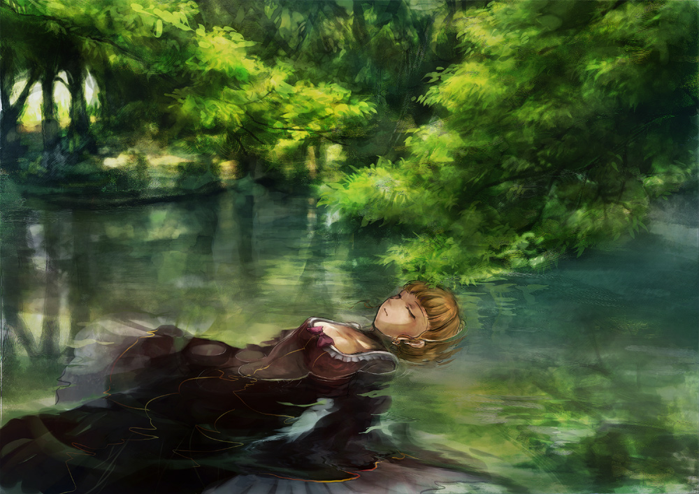 mathnote, beatrice (umineko), ophelia (painting), umineko no naku koro ni, 1girl, afloat, blonde hair, closed eyes, dress, female focus, fine art parody, floating, nature, parody, solo, water