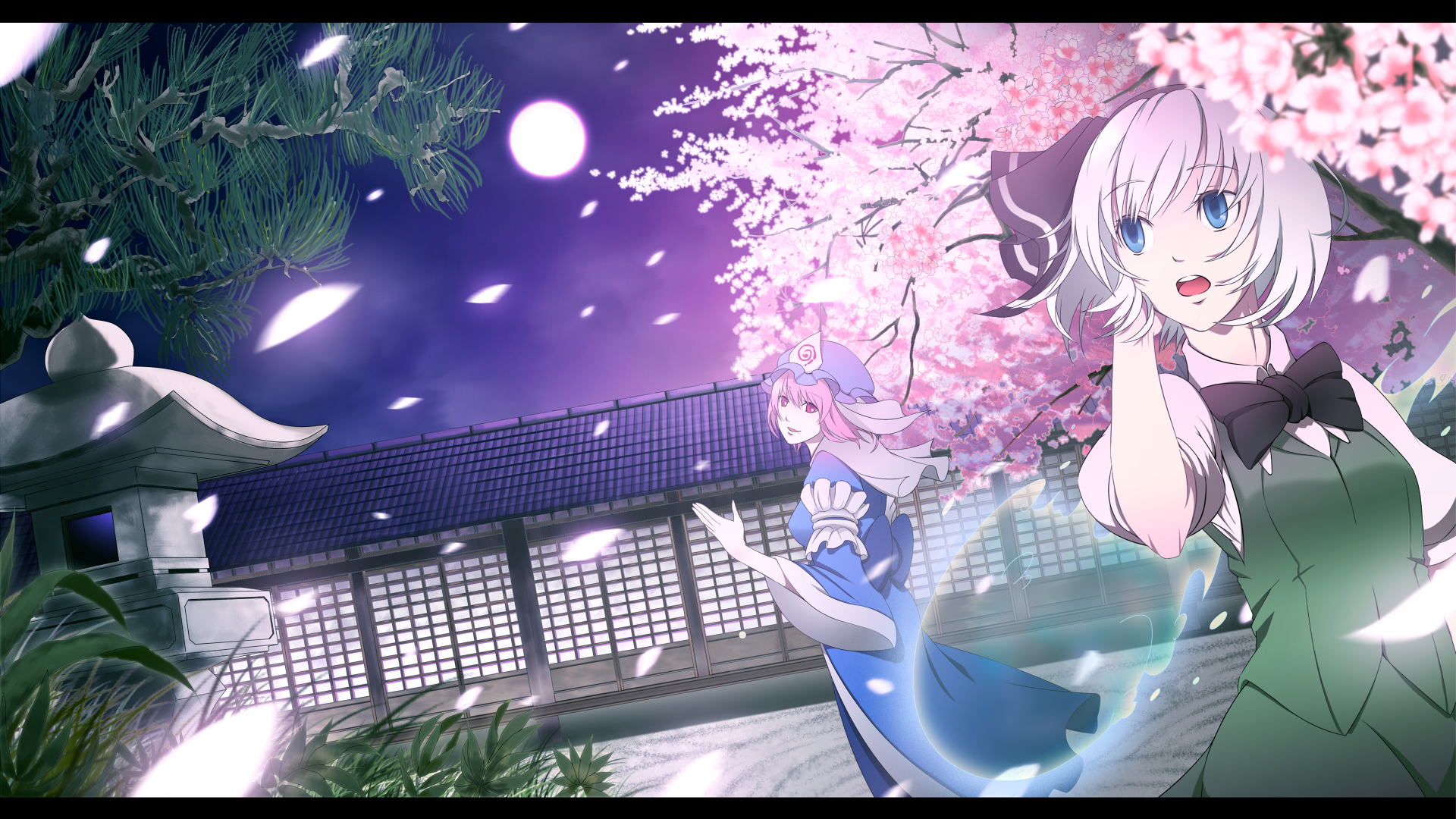 torio k, torizousui, konpaku youmu, konpaku youmu (ghost), saigyouji yuyuko, touhou, silver hair, bad id, bad pixiv id, highres, 2girls, female focus, full moon, hitodama, letterboxed, moon, multiple girls, pink hair