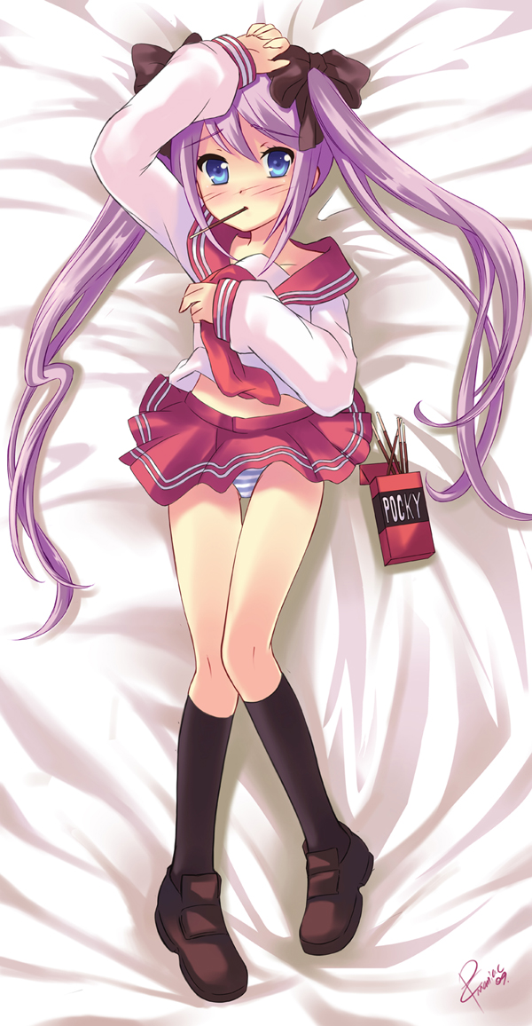 peach88, hiiragi kagami, lucky star, bad id, bad pixiv id, 00s, 1girl, blue eyes, blush, dakimakura (medium), female focus, food, full body, long hair, lying, mouth hold, panties, pantyshot, pocky, purple hair, school uniform, serafuku, solo, striped clothes, striped panties, twintails, underwear