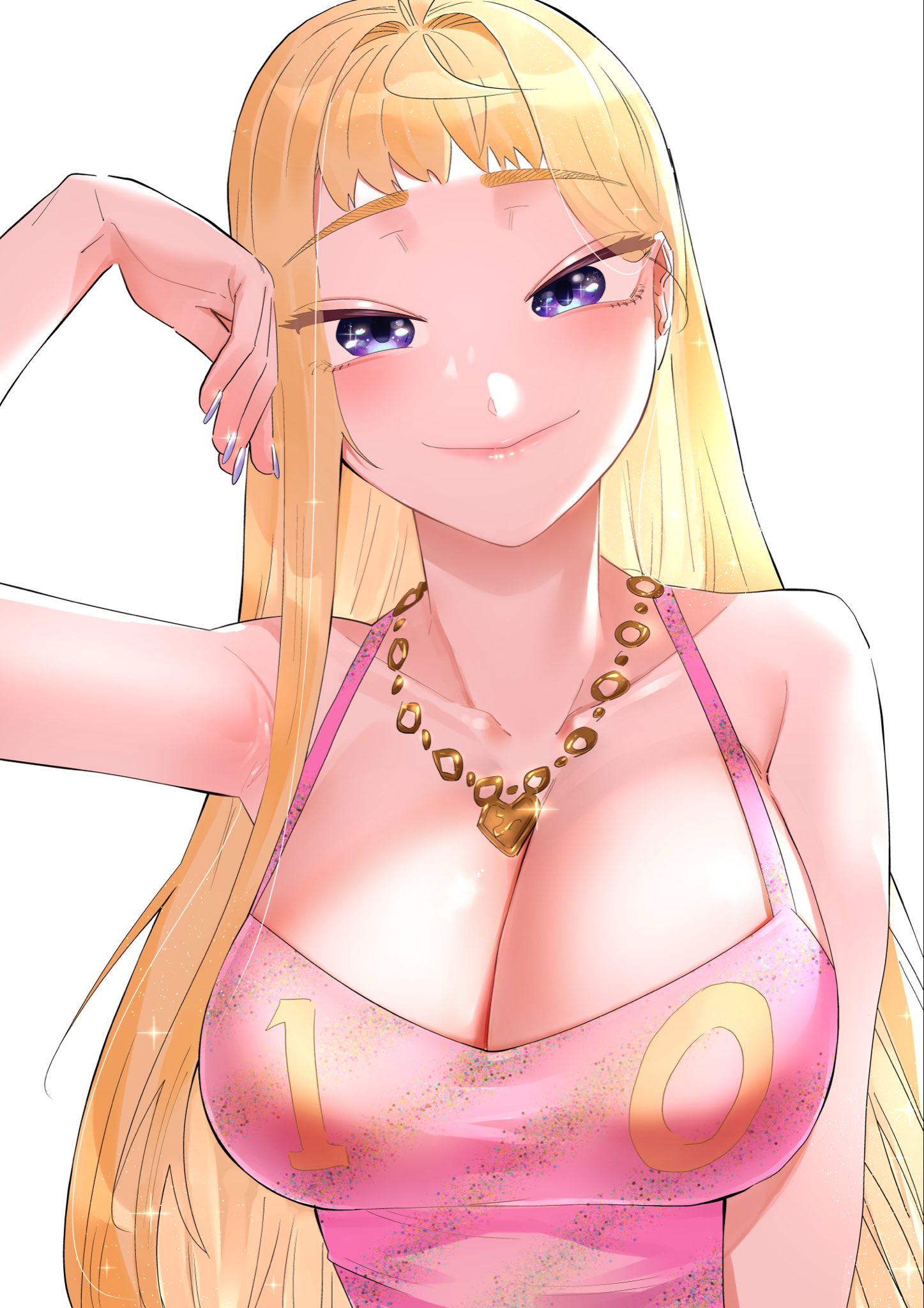 ikada kai, fuyuki minami, dosanko gal wa namaramenkoi, highres, 1girl, bare shoulders, blonde hair, blue eyes, blush, breasts, cleavage, jewelry, large breasts, long hair, looking at viewer, smile, solo, white background