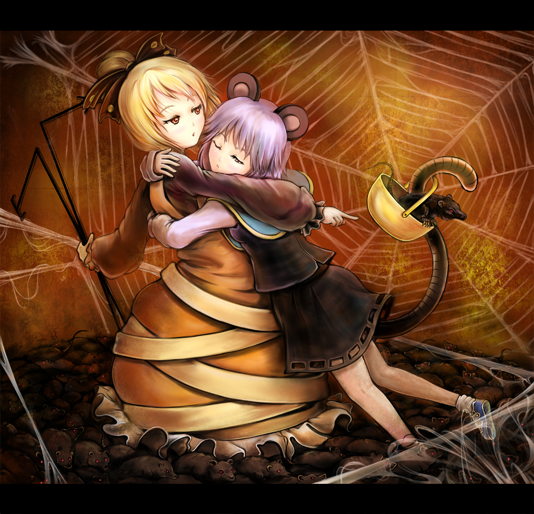 sai-go, kurodani yamame, nazrin, touhou, bad id, bad pixiv id, 2girls, animal ears, basket, blonde hair, female focus, grey hair, hug, letterboxed, mouse (animal), mouse ears, mouse tail, multiple girls, one eye closed, pointing, red eyes, short hair, silk, spider web, tail, wink
