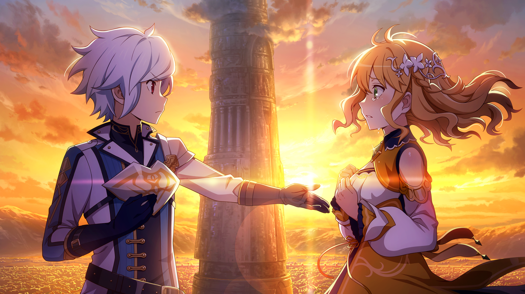 bell cranel, danmachi battle chronicle, dungeon ni deai wo motomeru no wa machigatteiru darou ka, game cg, highres, non-web source, official art, 1boy, 1girl, anime coloring, armor, belt, black belt, blue gloves, blue jacket, braid, breastplate, crying, crying with eyes open, detached sleeves, dress, from side, gloves, green eyes, hair ornament, hand on own chest, hands on own chest, harmonia (danmachi), jacket, looking at another, medium hair, mountainous horizon, multicolored dress, multicolored jacket, offering hand to another, official alternate costume, orange dress, orange hair, orange sky, pauldrons, reaching, reaching towards another, red eyes, short hair, shoulder armor, single braid, single pauldron, sky, sleeveless, sleeveless dress, sunset, tears, tower, white dress, white hair, white jacket, white sleeves