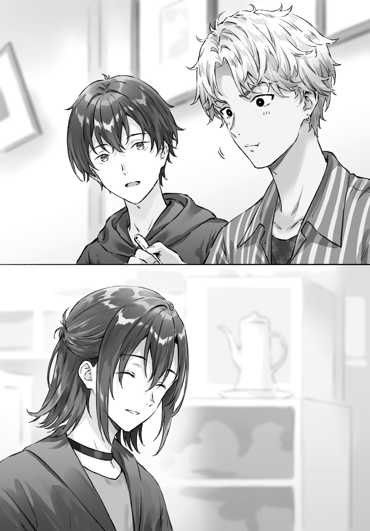 hiten (hitenkei), asamura yuuta, gimai seikatsu, commentary request, highres, novel illustration, official art, second-party source, 3boys, closed eyes, collarbone, collared shirt, eating, greyscale, half updo, male focus, monochrome, multiple boys, open mouth, shirt, short hair, smile, striped clothes, striped shirt, vertical-striped clothes, vertical-striped shirt