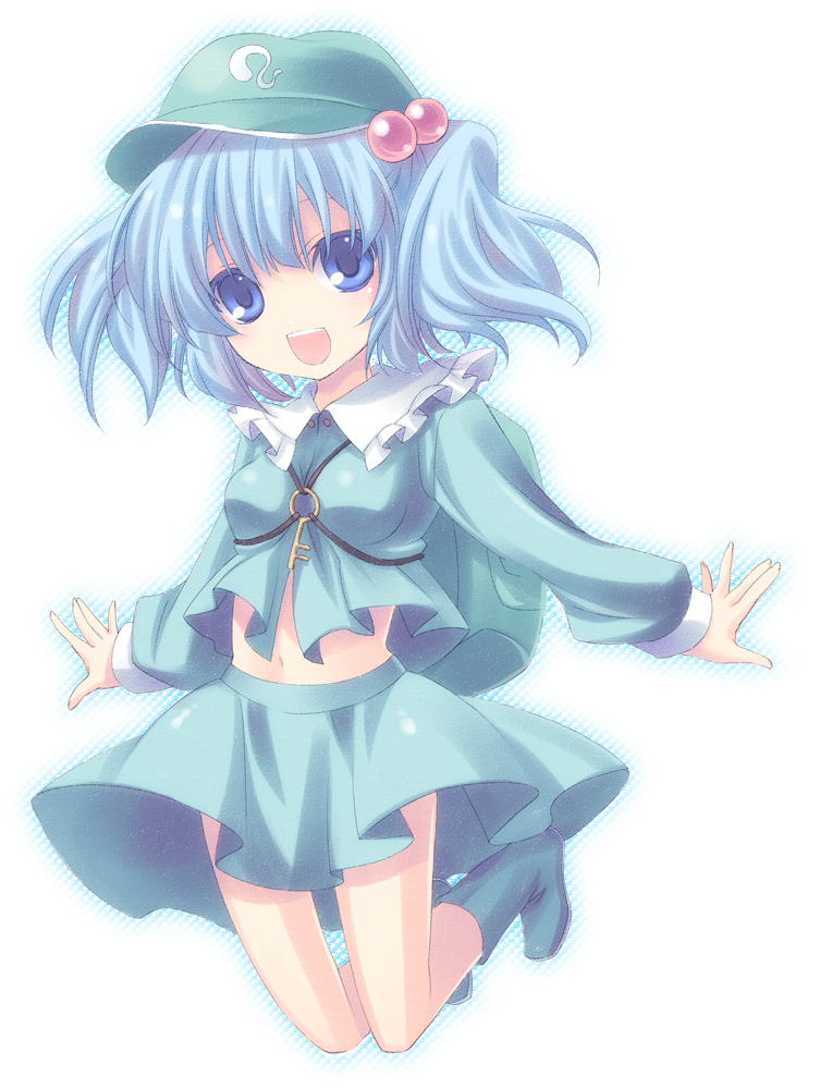 moru, kawashiro nitori, touhou, bad id, bad pixiv id, 1girl, backpack, bag, blue eyes, blue hair, breasts, female focus, full body, hair bobbles, hair ornament, halftone, halftone background, hat, matching hair/eyes, midriff, navel, randoseru, short hair, skirt, solo, twintails, two side up, white background