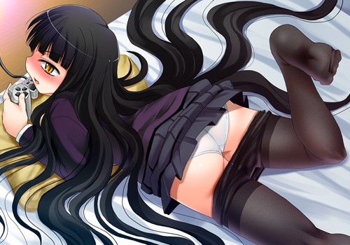 kouki kuu, female protagonist (houkago play), houkago play, lowres, 1girl, ass, bed, black hair, blush, clothes pull, controller, feet, female focus, game controller, gamepad, long hair, lying, panties, pantyhose, pantyhose pull, playing games, solo, underwear, very long hair, video game, white panties, yellow eyes