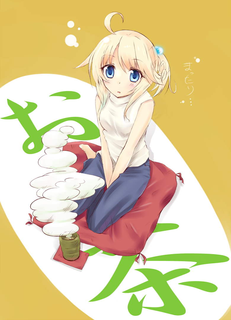 komone ushio, esia mariveninne (komone ushio), original, bad id, bad pixiv id, 1girl, ahoge, barefoot, between legs, blonde hair, blue eyes, blush, cup, cushion, female focus, from above, hair bobbles, hair ornament, hand between legs, looking up, mug, sitting, solo, tea, v arms, yokozuwari