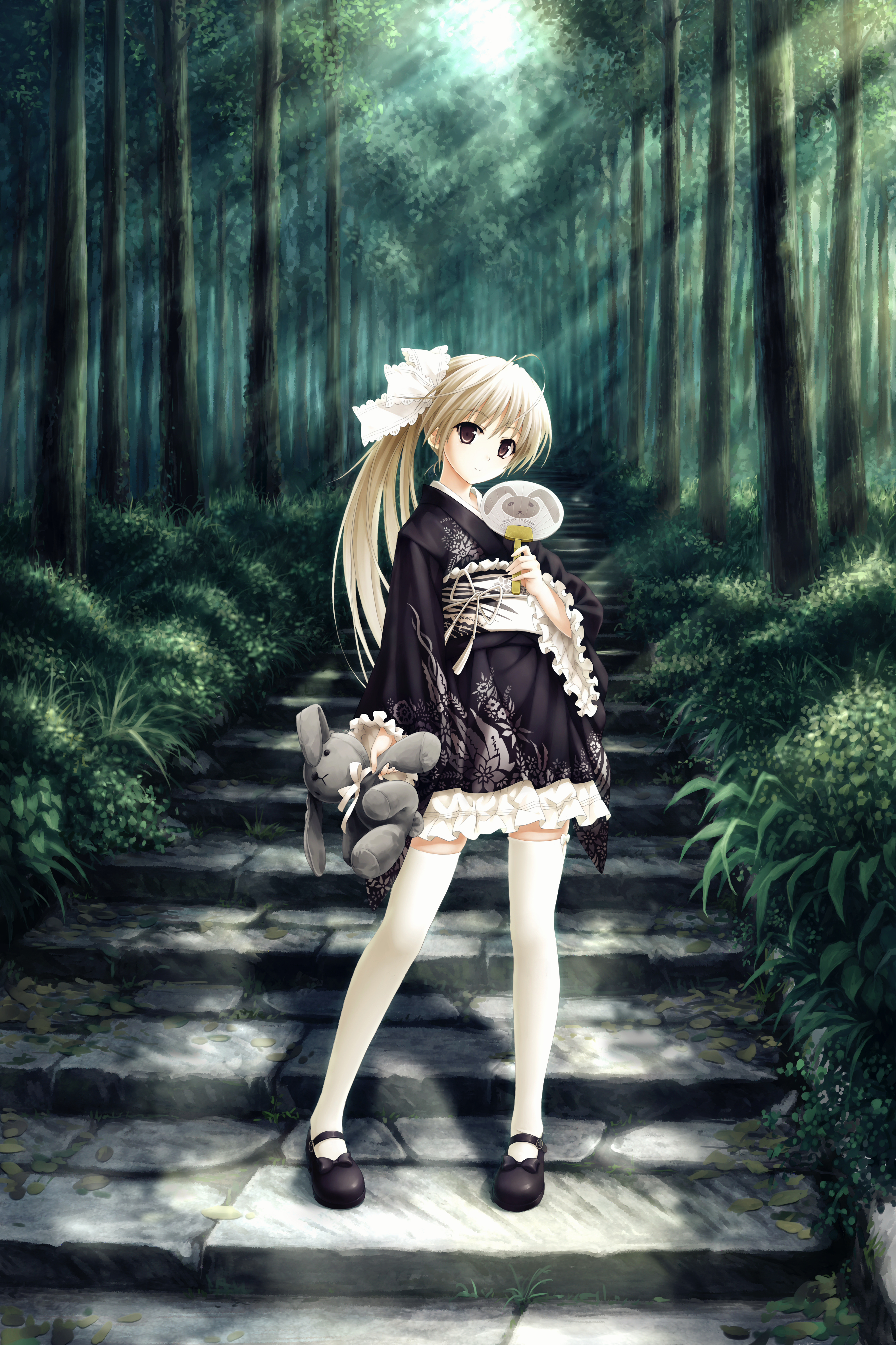 francascofeng, kasugano sora, yosuga no sora, absurdres, highres, 1girl, black kimono, blonde hair, brown eyes, folding fan, forest, frilled kimono, frills, full body, hand fan, japanese clothes, kimono, light rays, lolita fashion, looking at viewer, mary janes, nature, ponytail, shoes, short kimono, smile, solo, stuffed animal, stuffed rabbit, stuffed toy, summer, sunlight, thighhighs, wa lolita, white thighhighs, yukata, zettai ryouiki