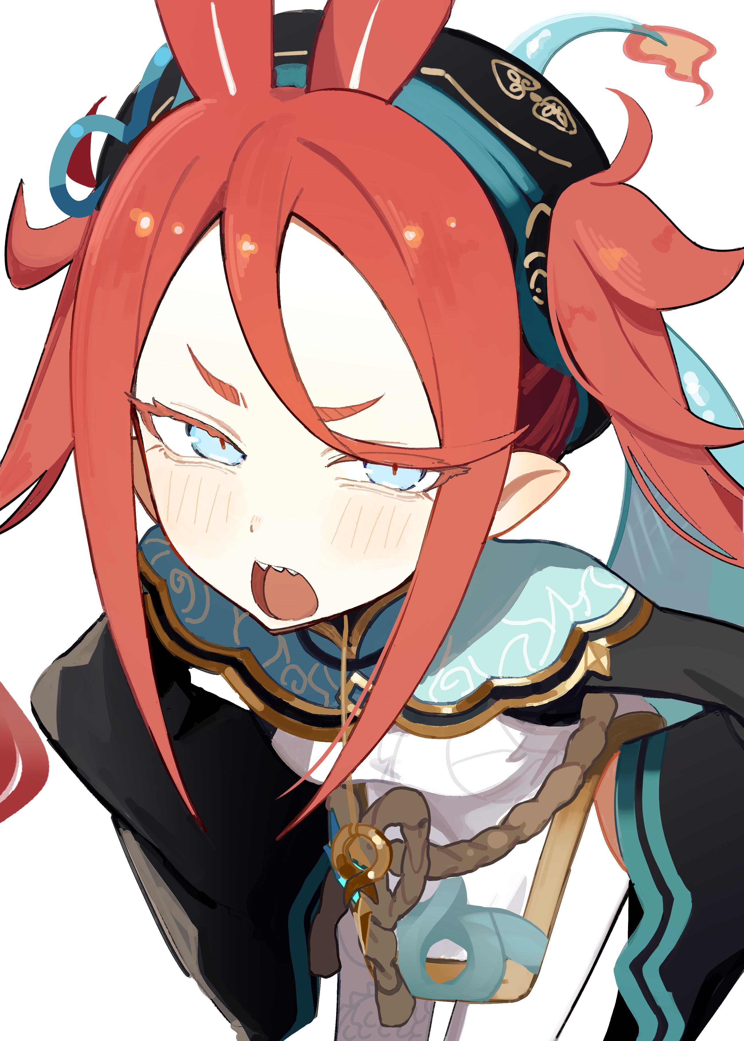 rotroto, chixia (stella sora), stella sora, absurdres, commentary, highres, 1girl, aegyo sal, black hat, black sleeves, blue eyes, blue tail, breasts, chinese clothes, close-up, cowboy shot, double-parted bangs, dragon girl, dress, eastern dragon tail, embroidery, fanged bangs, fire, flame-tipped tail, flipped bangs, forehead, from above, furisode sleeves, hands on own hips, hat, leaning forward, light blush, long hair, long sleeves, looking at viewer, open mouth, pantyhose, pelvic curtain, pointy ears, red hair, rope, sharp teeth, short dress, short eyebrows, side slit, sidelocks, simple background, small breasts, solo, tail, tail raised, teeth, tsurime, twintails, upper teeth only, v-shaped eyebrows, white background, white dress, white pantyhose, wide sleeves, yunjian