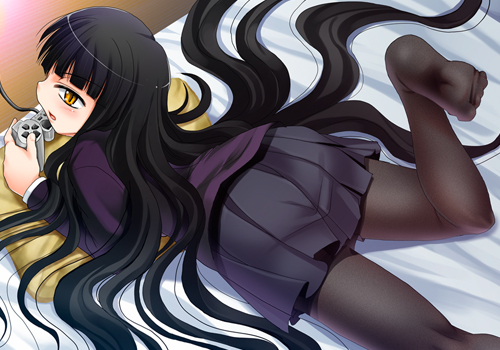 kouki kuu, female protagonist (houkago play), houkago play, lowres, 1girl, ass, bed, black hair, controller, feet, female focus, game controller, gamepad, hair spread out, long hair, lying, pantyhose, playing games, solo, very long hair, video game, yellow eyes