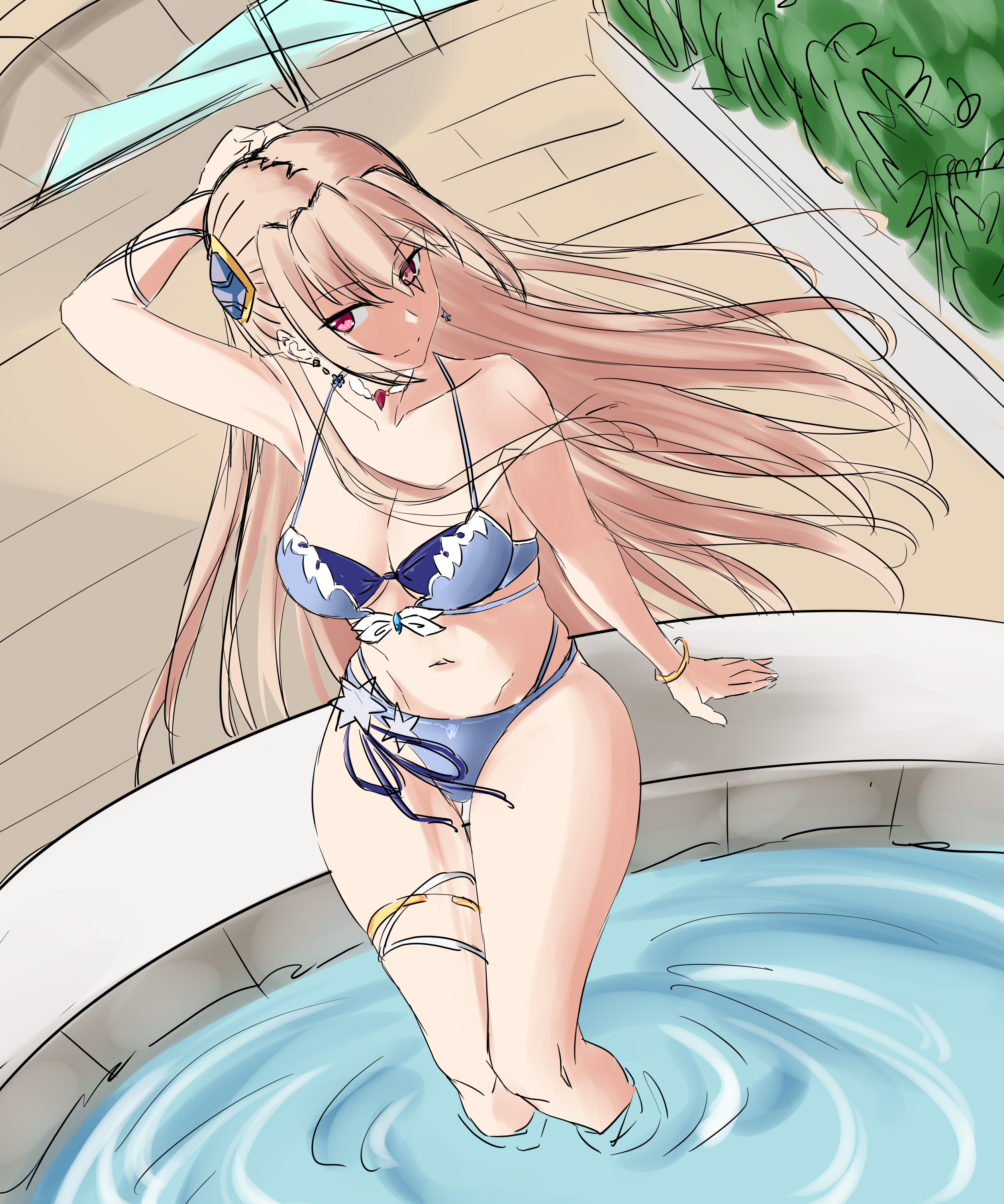 mutsuki (mutsuki0110), shirakawa yuina, heaven burns red, absurdres, highres, 1girl, arm support, arm up, bare arms, bare shoulders, bikini, blonde hair, blue bikini, bracelet, breasts, choker, cleavage, closed mouth, collarbone, earrings, floating hair, from above, hair between eyes, hair ornament, halterneck, jewelry, large breasts, long hair, looking at viewer, medium breasts, navel, official alternate costume, outdoors, pool, poolside, red eyes, sitting, smile, soaking feet, solo, swimsuit, thigh gap, thigh strap, thighlet, very long hair, water