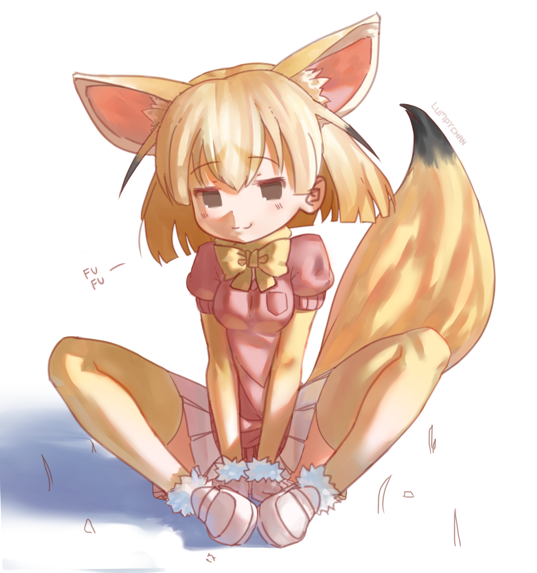 lumpychan, fennec (kemono friends), kemono friends, commentary, english commentary, highres, 1girl, animal ears, black hair, blonde hair, breasts, breasts squeezed together, brown eyes, fox ears, fox girl, fox tail, full body, fur trim, indian style, medium breasts, miniskirt, multicolored hair, no sclera, pleated skirt, shoes, sitting, skirt, smile, solo, streaked hair, tail, thighhighs, two-tone hair, white shoes, white skirt, yellow thighhighs